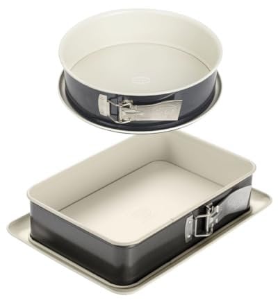 Dr. Oetker 9928950 Set de 2 moules à gâteaux, Plat four, Moule rectangulaire à charnière, Moule à charnière, Moule à manqué, moule rond, Acier, Céramique, 28 x 8 cm et 28 x 18 x 7 cm