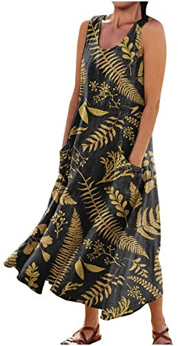 Strandkleider Damen Sommer Erstkommunion Kleid Mädchen Kleid Mit Taschen Damen Kostüm Frauen Loose Einfarbig Rundhals Ärmellos A-Linie Swing Lang Kleid Mit Taschen Sommerkleid Damen Boho (3-Navy, M)