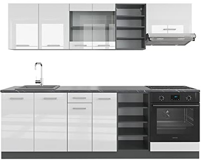 Vicco Küchenzeile R-Line, Weiß Hochglanz/Anthrazit, 240 cm, AP Anthrazit