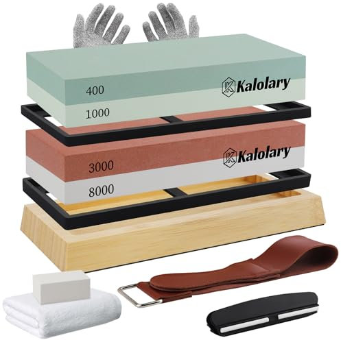 11PCS Diamond Sharpening Stones Kit, Kalolary Knife Sharpener Stone Double-Sided 400/1000 3000/8000 Grit Whetstone for Chisels Planes Blade Sharpener with Angle Guide Anti-Slip Base Leather Strop