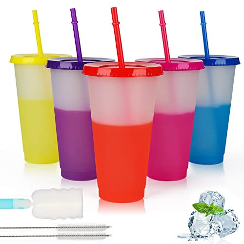 Echify Tazas con Tapas y Pajitas - Paquete de 5 24 oz Tazas Mágicas que Cambian de Color Taza de Café Helado a Granel Taza de Viaje Vaso de Plástico Reutilizables para Fiestas Niños y Adultos