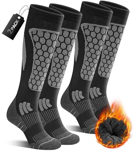 CAOZITOU 2 Paar Skisocken Herren 43-46, 60% Merino Sportsocken Thermo Gepolsterte Warme Wollesocken Atmungsaktive für Outdoor Skifahren (Schwarz)