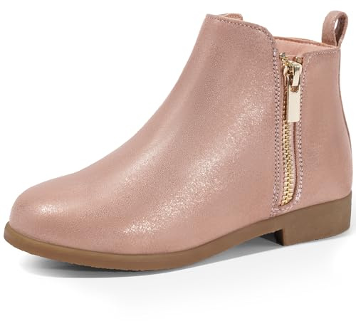 Harvest Land Girls Boots Kids Ankle Boots Zipper School Shoes Elegant Big Kid Fashion Winter Boots Zip-up Short Flat Bootie for Junior/Yourth Pink Sparkle UK12