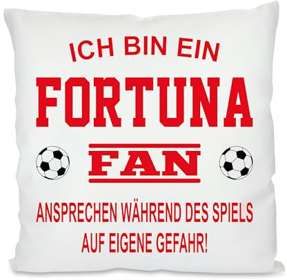 Fussball Kissen | Ich bin ein Fortuna Fan - Ansprechen während des Spiels auf eigene Gefahr | Dekokissen für Fußballfans | Hülle und Füllung | 40cm x 40cm | mit Wunschtext auf der Rückseite