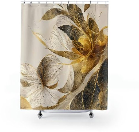 HNBFKD Rideaux de Douche de créateurs Floraux dorés et Blancs, Rideaux de Douche Vintage, décoration de Salle de Bains botanique en Or avec Crochets 30x79in(WxH)/75x200cm
