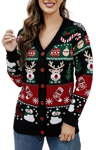 Cardigan tricoté en Jacquard pour Femme, col en V, Bonhomme de Neige et, Manches Longues, Ample, Boutonnage, Pull d'hiver, noël Duvet Plume