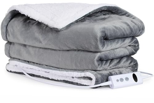 Heizdecke mit Abschaltautomatik, 130x160cm, 10 Heizstufen Up-to-9 Stunden Auto-Off-Timer Überhitzungsschutz, Elektrische Wärmedecke Bett Wärme Decke, Grau
