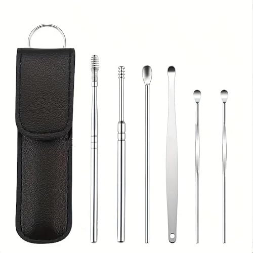 6PCS Stainless Steel Ear Pick Set - 360° Rotating, Double-Ended Ear Wax Remover for Safe & Gentle Adult Ear Care, Premium Home Cleaning Tool Kit (Black)