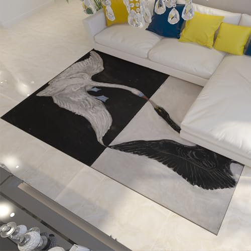 UERWOWELL Schwarz-weißer Teppich für das Wohnzimmer Swan Animal Print Kreative Teppiche Leicht zu reinigende Bodenmatte für Moderne Home-Office-Einrichtung 150x210cm