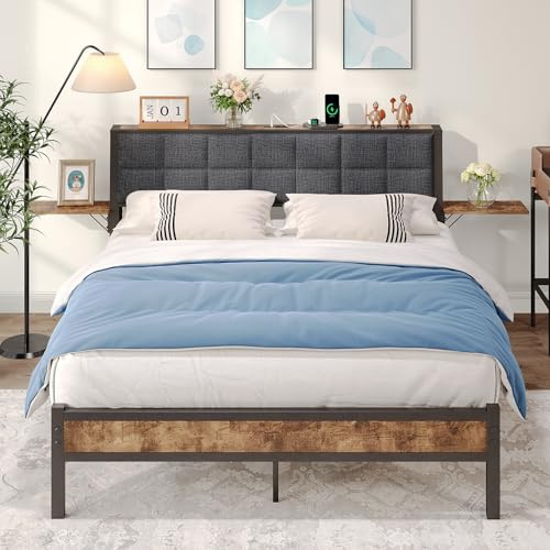 JUISSANO King Size Bed Frame with Storage,Metal Bed Frame Kingsize Bed Upholstered Platform Bed with Charge Station and USB Ports,Removable Bedside Shelf,Easy Assemly,Black + Grey