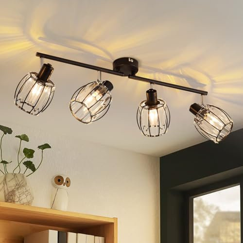 ZMH Deckenstrahler 4 Flammig Deckenlampe Vintage - Wohnzimmer Deckenleuchte Schwarz Kristall Design Retro Strahler E14 Metall350°Schwenkbar Spots für Schlafzimmer Küche Flur(Ohne Leuchtmittel)