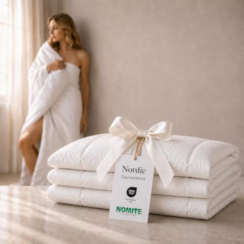 QUQON® Nordic Daunendecke – Handverlesene Daunen&Federn | 140x200 cm | Leicht (300g) Sommerdecke | Oeko-TEX® & NOMITE Zertifiziert