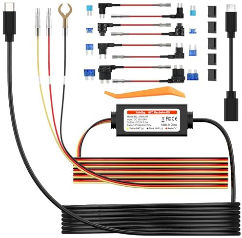 Yabdbg ACC Hardwire Kit for all Type-C & Mini USB Dash Cam, 12V-30V to 5V/3A Charger Power Cable, 8 Fuse Tap Cable,LED Indicator, 24H Parking Mode with Low Voltage Protection, 3.5m Long for D70/D80