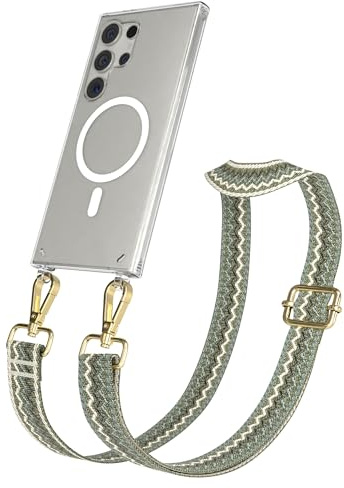 EAZY CASE Handykette - Verstellbares Taschenband kompatibel mit Galaxy S24 Ultra, Schulterriemen, Handykordel mit Silikon Hülle, Qi Charging kompatibel, Umhängetasche, Wellen - Grün Beige Metall Gold