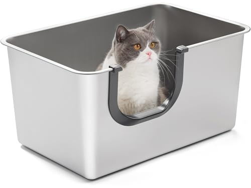 Yangbaga Katzenklo Edelstahl mit Hohem Rand: XXL Katzentoilette für Katzen | 60x40x30cm Größe-Geruchsfreie-Auslaufsicher-Griff Freundlich-Offenes Design-Leicht zu reinigen-Geeignet für Katzen/Kätzchen