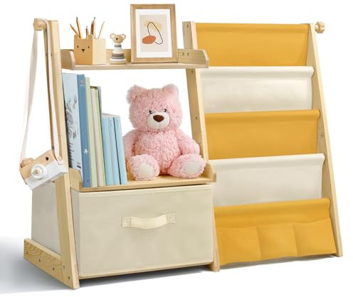 wooshwa Bücherregal Kinder Kinderzimmer Spielzeug Aufbewahrung mit 4 Regalebenen & Aufbewahrungsbox, Kinderregal Kinder Bücherregal für Regal kinderzimmer Spielzeug-Organizer - Gelb