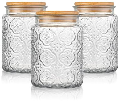 Eidoct [3-Pack Stackable Glass Canisters Set] Coffee Tea Sugar Spices Storage Jars with Airtight Wooden Lids, 700ml Begonia Floral Design Kitchen Pantry Containers (Begonia Finish)
