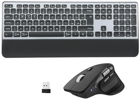 CITLLA Tastiera e Mouse Wireless Combo Tastiera Bluetooth Multidispositivo con Poggiapolsi, Tastiera Ricaricabile Retroilluminata, Mouse Silenzioso Ergonomico per Computer Desktop PC Portatile