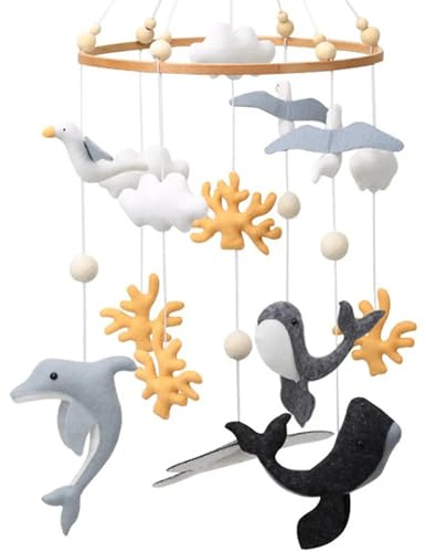 Meer Welt Mobile Baby Windspiele, 3D Delphine Walfisch Koralle Seevogel Mobile Baby Holz mit Filzbällen, Mobile Baby Mädchen Bettglocke Anhänger für Babybett