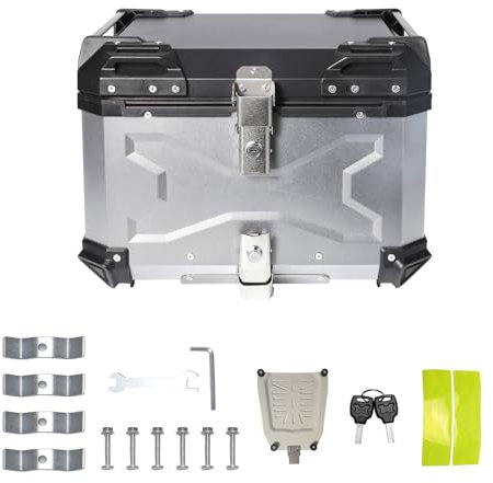 Qawner Topcase Motorradkoffer für 1-2 Helme - Top case 55, 65L, Aluminium-Motorradkoffer, Wasserdichter Motorradkoffer, Universal Motorrad Topcase für Roller, Motorrad, Mofa & Quad (Silber, 55L)