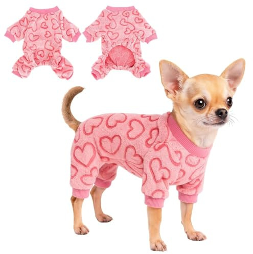 Yoolhamy Dog Pajamas for Small Dogs Cats Fleece Jumper Heart Onesie Clothes Soft Pink Pyjamas Rompers Four-Legs Sleepwear Ffor Puppy Chihuahua Yorkie (XXS)