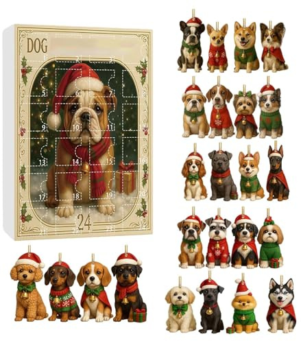 24 Days Of Dog Ornaments Christmas Advent | 2025 Advent Countdown Calendar 2D Acrylic Dog Ornaments | For Kids Adults Christmas Tree Window Wall Door Car Rearview Mirror Decor, 24 Pieces
