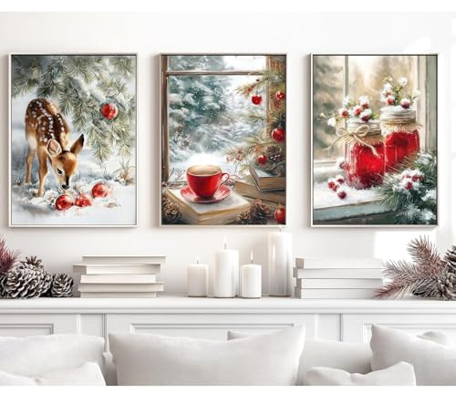Xiyocadt Moderne Winter Schneelandschaft Wandbilder, 3er Poster Set, Reh, Kaffee, Marmelade Winter Leinwandgemälde, Für Schlafzimmer Und Wohnzimmer, Ohne Rahmen (50 x 70 cm)