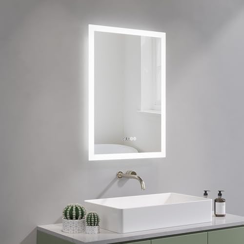 AQUABATOS LED Spiegel mit Uhr 50x70 cm Badspiegel mit Beleuchtung und Uhrzeit 3 Lichtfarben Dimmbar Spiegelheizung Antibeschlag Touch Schalter für Wandschalter