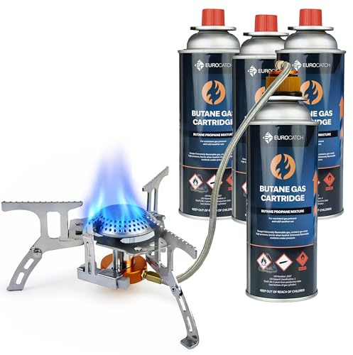 Eurocatch Faltbarer Gaskocher 2200W mit Adapter - inkl. 4 Gasdosen - Camping Kocher mit Transportbox