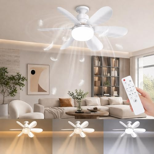 SURPALIG 52CM Ceiling Fans with Lights and Remote, Ceiling Fan Light 40W E27, Base Included, Light Bulb Ceiling 3 Speeds, 3 Dimmable Colors, Timer, Quiet Fan Lights for Living Room Bedroom Kitchen