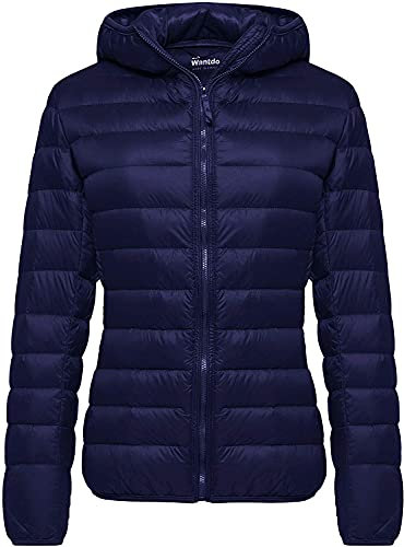 Wantdo Femme Veste en Duvet Manteau Matelassé à Capuche Léger Compressible Veste Coupe-Vent Isolée de Montagne à Capuche Mince Veste d'Extérieur Courte,Bleu Marine,S