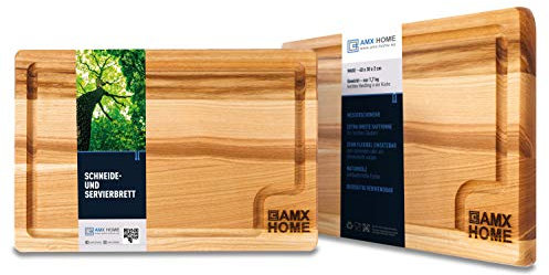 AMX Home Planche à découper, en bois, de qualité supérieure, idéale pour hacher et découper, adaptée aux couteaux et durable, avec rainure pour le jus