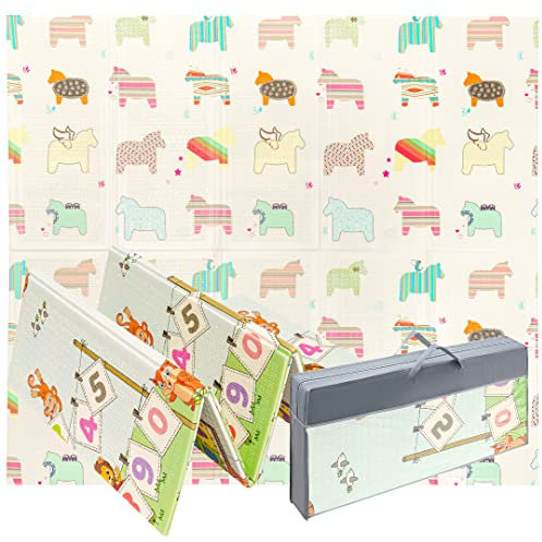 Mamabrum Baby Krabbel Matte Baby Teppich Spielmatte, 200 x 180 x 1.0 cm, ungiftig Bodenmatte Verdickte vergrößerte Schaumstoffmatte Faltbare Wasserdicht rutschfest Tragbar, Pferde und Alphabet