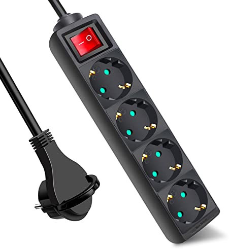 EXTRASTAR Steckdosenleiste 4-Fach, Flachstecker Mehrfachsteckdose mit Save Energy-Schalter, Mehrfachsteckdose Flacher Stecker mit 5m Kabel, IP20, 16A, 3680W, Flachstecker, Schwarz