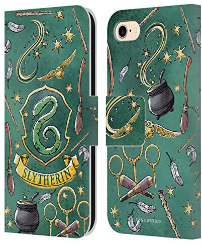 Head Case Designs Officially Licensed Harry Potter Slytherin Pattern Deathly Hallows XIII Leather Wallet Case Compatible With Apple iPhone 7/8 / SE 2020 & 2022