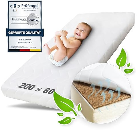 Ehrenkind® Kindermatratze Kokos | Baby Matratze 80x200 Standard 100 by OEKO-TEX | Babymatratze 80x200 mit hochwertigem Schaum, Kokosplatte und Hygienebezug