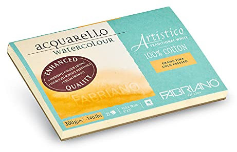 Honsell Fabriano Artistico Acquarello Watercolour, naturweiß, Feinkorn cold pressed, 12,5 x 18 cm, 25 Blatt 300 g/m², hochwertiger Künstler-Aquarellkarton, Block 4-seitig geleimt, vegan