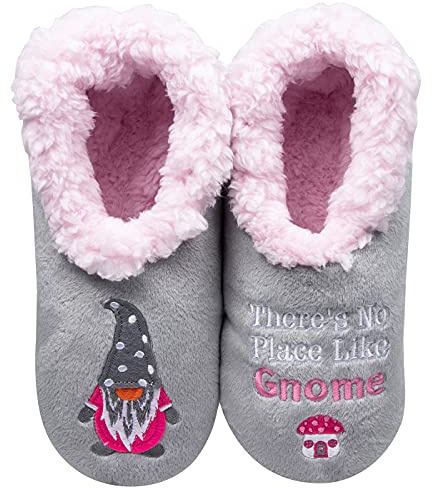 Snoozies! Pairables No Place Like Gnome, superweiche Sherpa-Fleece-Damen-Hausschuhe, rutschfeste Sohle, Damengrößen 36-40, hellgrau, Small