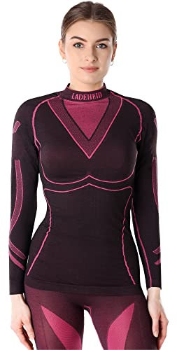 Ladeheid Thermounterwäsche Damen Funktionsunterwäsche Langarm Shirt Thermoaktiv LAGI004 (Schwarz/Rosa, XL)