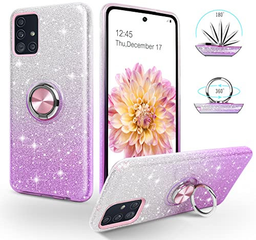 SouliGo Samsung Galaxy A51 Hülle Glitzer, Samsung Galaxy A51 Handyhülle Silikon Case Cover mit 360 Grad Ring Halter Ständer stabil Kratzfest Hülle für Samsung Galaxy A51 Bling Violett