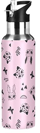 ALAZA Stainless Steel Water Bottle with Straw, Cute Cats and Rabbits Insulated Drink Flask Sports Water Bottle for Kids Adults, Leakproof, 600ml