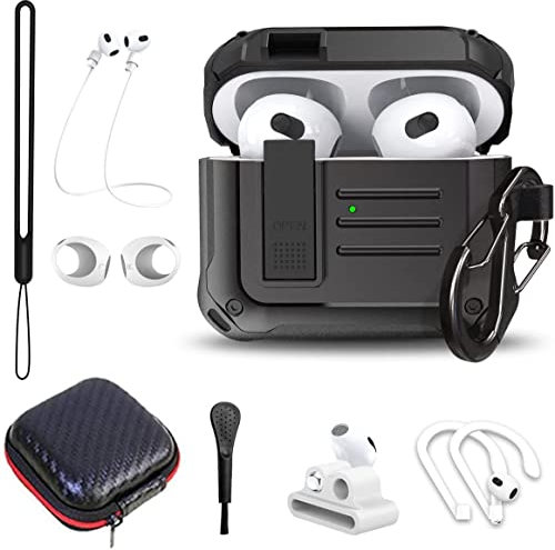 Hülle für Airpods 3 Generation mit Sicherheitsschloss: (9 in 1) Zubehörset Silikonhülle für Airpods 3 Gen(2021) Ganzkörper TPU Stoßfeste Silikon Schutzabdeckung für Airpod Ladekoffer…