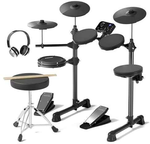 AODSK Electric Drum Set for Beginner with 150 Sounds,4 Quiet Drum Pads,2 Pedal,Throne,Sticks,Electronic Drum with Headphone,AED-400