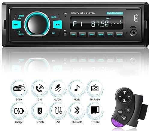 Dab Radio de Coche 1 DIN Bluetooth Radio de Coche con Bluetooth Manos Libres Radio FM/Dab/Dab+/USB/TF/Aux/EQ Reproductor MP3 con Mando a Distancia en el Volante Radio Estéreo Función de Carga Rápida