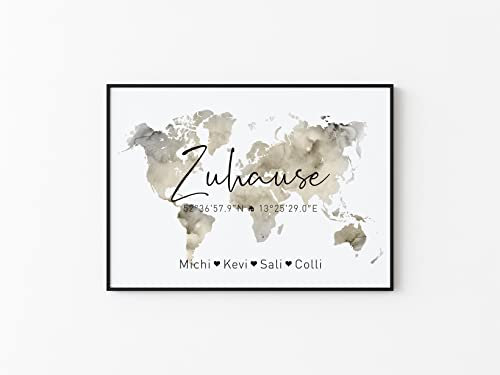 Zuhause Koordinaten Kunstdruck A4 A3 A2 als Einweihungsgeschenk oder Geschenk-Idee zum Einzug Einweihung Jahrestag Richtfest Umzug Wand-Bild Wand-Deko Weihnachten (Nature Beige)