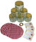 6 pack of Glass Jam Jars with Lids and Doilies, Lables and Rubber bands | 200ml Jars | Airtight for Jams, Preserves, Confits & more | Set of 6 jars | Red Gingham Doilies plus rubber bands plus lables