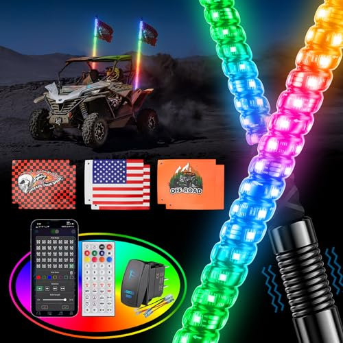Ehaho Lot de 2 fouets lumineux de 0,9 m pour UTV ATV avec base à ressort, lumière fouet LED triple plus lumineuse avec interrupteur à bascule et 6 drapeaux, fouet d'antenne éclairé avec application et