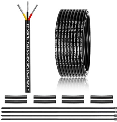 20 Gauge 3 Conductor Electrical Wire 25FT, UL 2464 20 AWG 3 Wire Cable Tinned Copper PVC Stranded 20/3 Core for LED Lighting, Outdoor Low Voltage Extension Cable, Automotive etc.