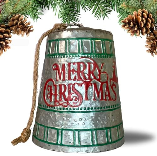 Clovers Garden Große 20,3 cm gehämmerte Metall-Weihnachtsglocke – echt funktionierende Glocke – Juteseil zum Aufhängen oder Präsentieren auf Kaminsims oder Regal – übergroße silberne Weihnachtsglocke