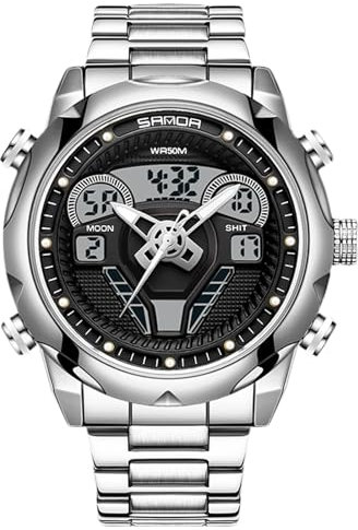 rorios Digital Analog Quarz Uhren für Herren 50M wasserdichte Armbanduhr Männer Stoppuhr Multifunktional Edelstahl Uhr Casual Herrenuhren Militär Elektronische Uhr Silber A